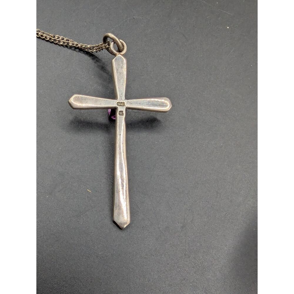 Sterling Silver Cross Brooch with Purple Stone Accent - Picture 8 of 12